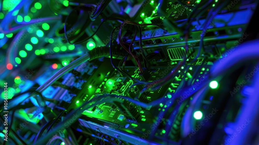 Close-up of a Server Motherboard with Green LED Lights Close-up of a Server Motherboard with Green LED Lights