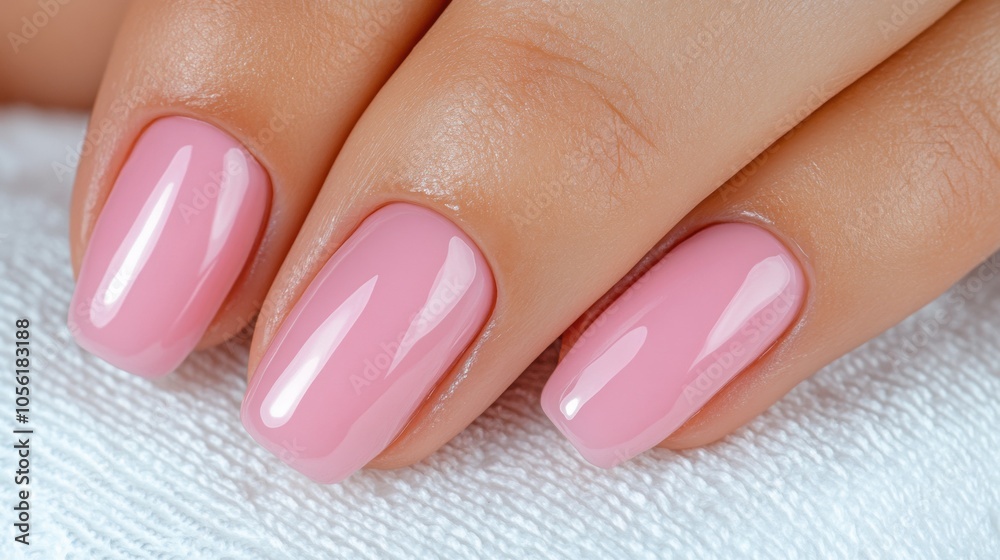 Glossy pink nails showcase a flawless manicure on a soft white towel, AI Glossy pink nails showcase a flawless manicure on a soft white towel, AI