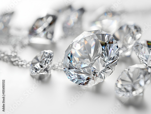 Close-up of a sparkling diamond necklace with a large, faceted stone in the center.