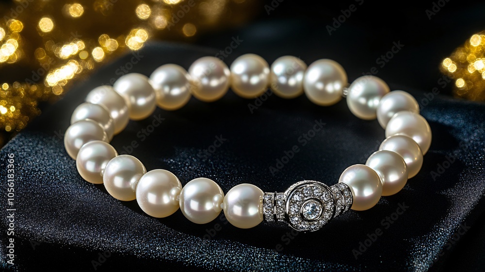 Classic pearl bracelet with silver clasp, isolated on a velvet black surface, with diamond sparkles and golden accents Classic pearl bracelet with silver clasp, isolated on a velvet black surface, with diamond sparkles and golden accents