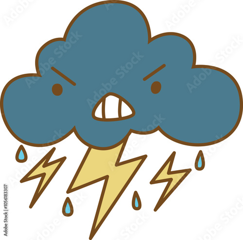 Cute cartoon storm cloud with face and lightning illustration.