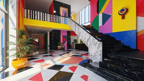 Art Deco villa, geometric patterns, bold colors, marble floors, grand staircase