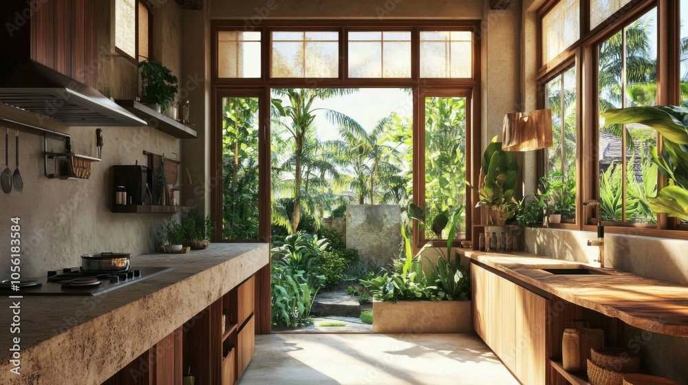 Balinese Garden Kitchen: A unique kitchen design that includes an indoor garden with tropical plants, stone countertops, and wooden accents Balinese Garden Kitchen: A unique kitchen design that includes an indoor garden with tropical plants, stone countertops, and wooden accents