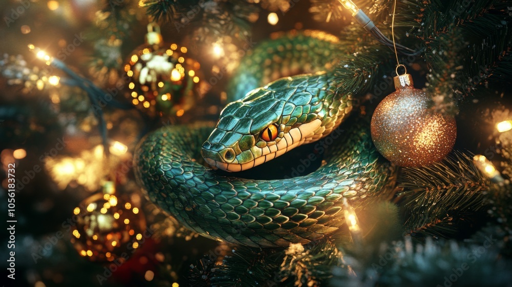 Fototapeta premium A vibrant green snake is coiled around a Christmas tree, accentuating the colorful golden ornaments and glimmering lights. The holiday setting adds a unique charm to the natural scene.