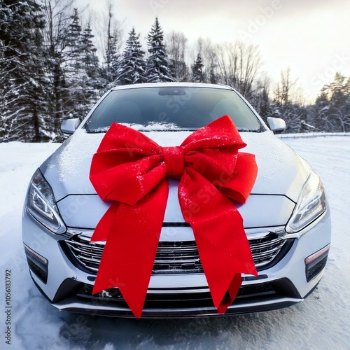 bright red bow on a snow covered car for the holidays