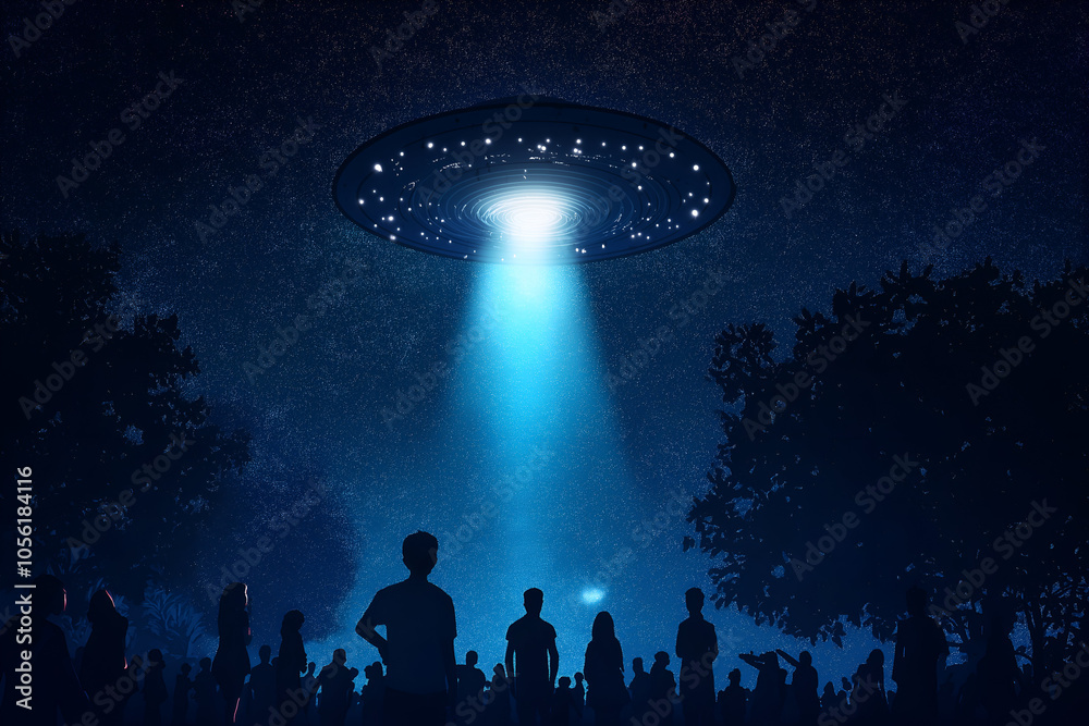 Mysterious glowing object in the night sky, with a crowd of people below, looking up in awe and disbelief, UFO and alien activity Mysterious glowing object in the night sky, with a crowd of people below, looking up in awe and disbelief, UFO and alien activity