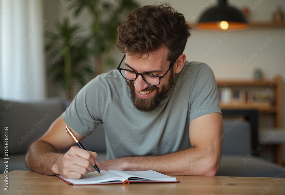 man writes happily notebook home relaxed atmosphere man writes happily notebook home relaxed atmosphere