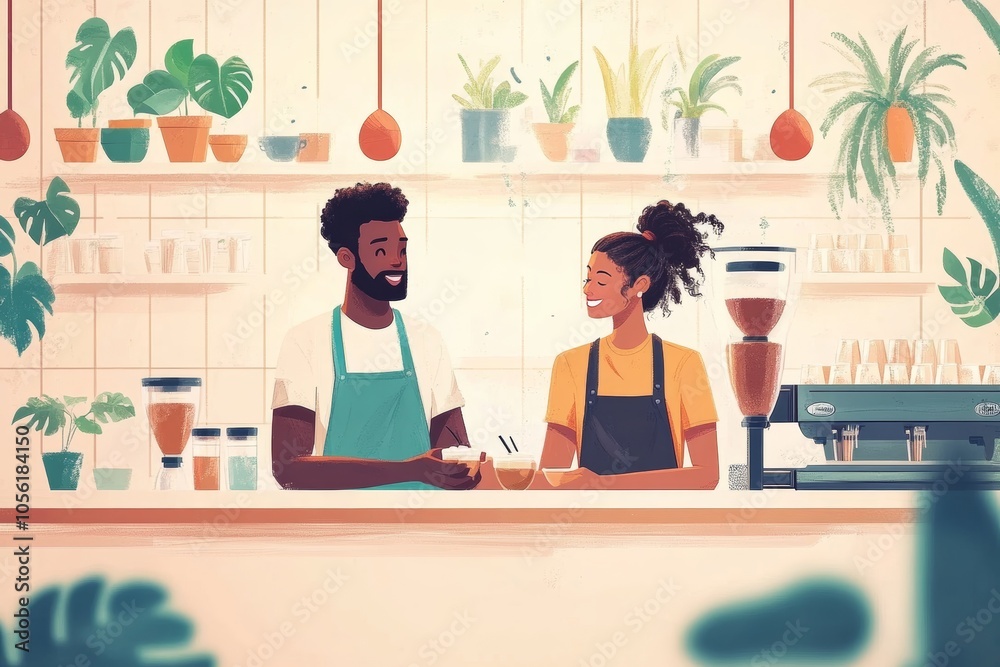 Two smiling baristas holding steaming coffee cups behind the counter of a trendy cafe Two smiling baristas holding steaming coffee cups behind the counter of a trendy cafe