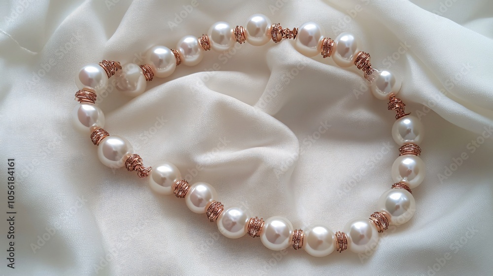 Large ivory pearls strung together, isolated on a white linen cloth, with rose gold beads and a touch of elegance Large ivory pearls strung together, isolated on a white linen cloth, with rose gold beads and a touch of elegance