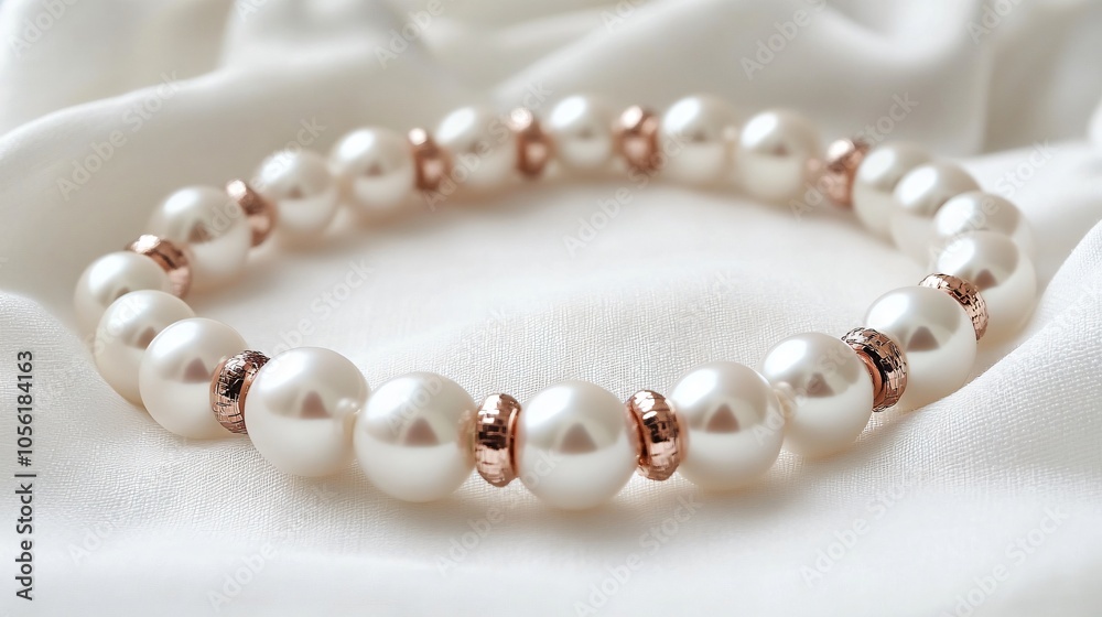 Large ivory pearls strung together, isolated on a white linen cloth, with rose gold beads and a touch of elegance Large ivory pearls strung together, isolated on a white linen cloth, with rose gold beads and a touch of elegance
