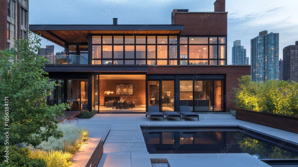 Industrial modern villa, exposed brick, steel beams, rooftop terrace, urban skyline Industrial modern villa, exposed brick, steel beams, rooftop terrace, urban skyline