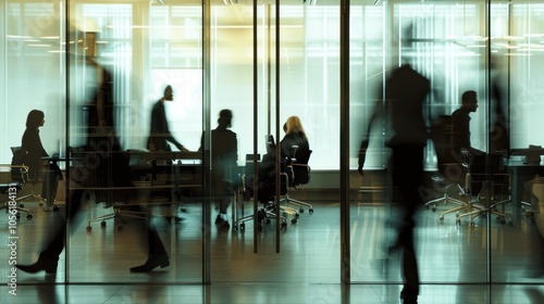 Blurred Silhouettes of People in Office Setting