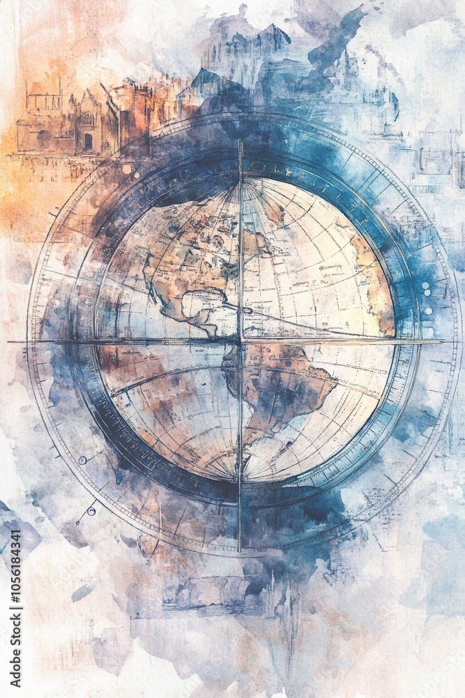 Obraz premium A watercolor illustration of the Earth divided by the Prime Meridian, surrounded by artistic washes of blue and orange tones, symbolizing global exploration and unity 