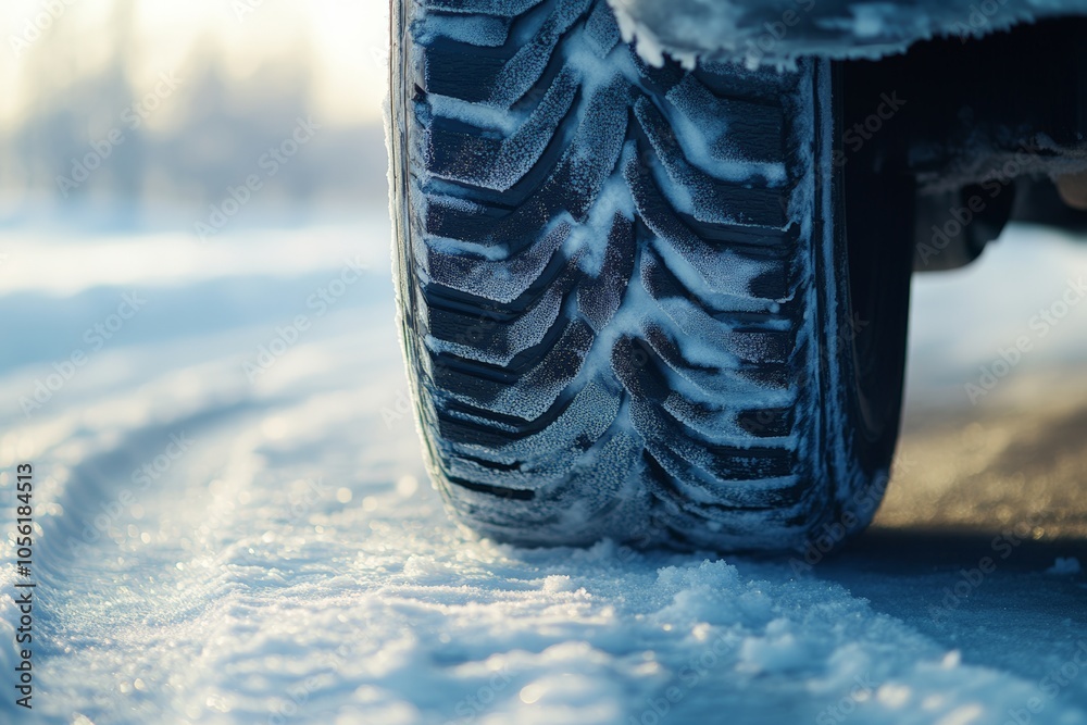A close-up view of a winter tire on a snow-covered road, highlighting the tread pattern. The scene captures the early morning light reflecting off the fresh snow A close-up view of a winter tire on a snow-covered road, highlighting the tread pattern. The scene captures the early morning light reflecting off the fresh snow