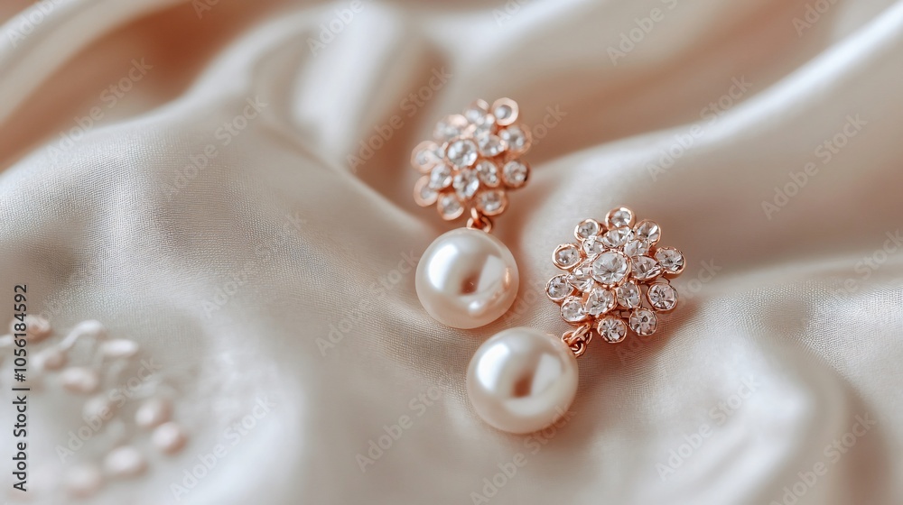 Pearl earrings with rose gold details, isolated on a cream fabric, with a touch of vintage charm and elegance Pearl earrings with rose gold details, isolated on a cream fabric, with a touch of vintage charm and elegance
