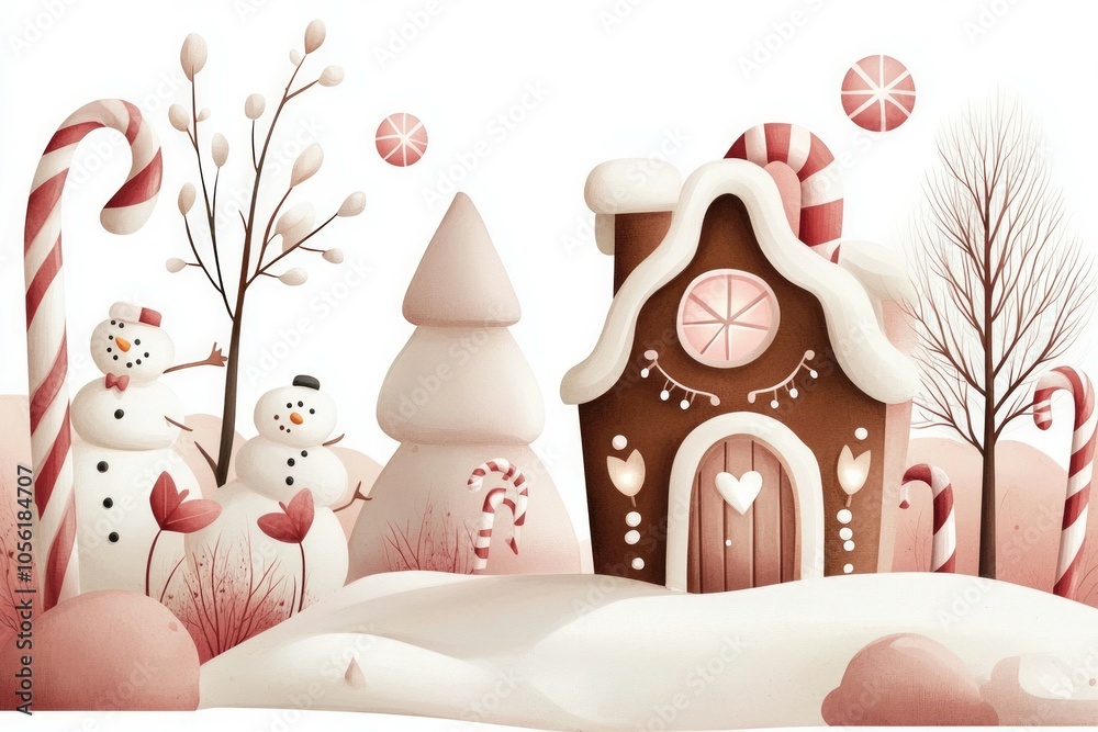 Naklejka premium Candy cane gingerbread house with snowman-shaped windows and lights