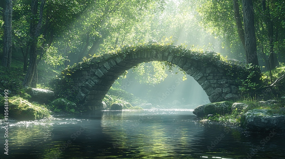 A bridge in a forest bathed in sunlight from behind the trees A bridge in a forest bathed in sunlight from behind the trees
