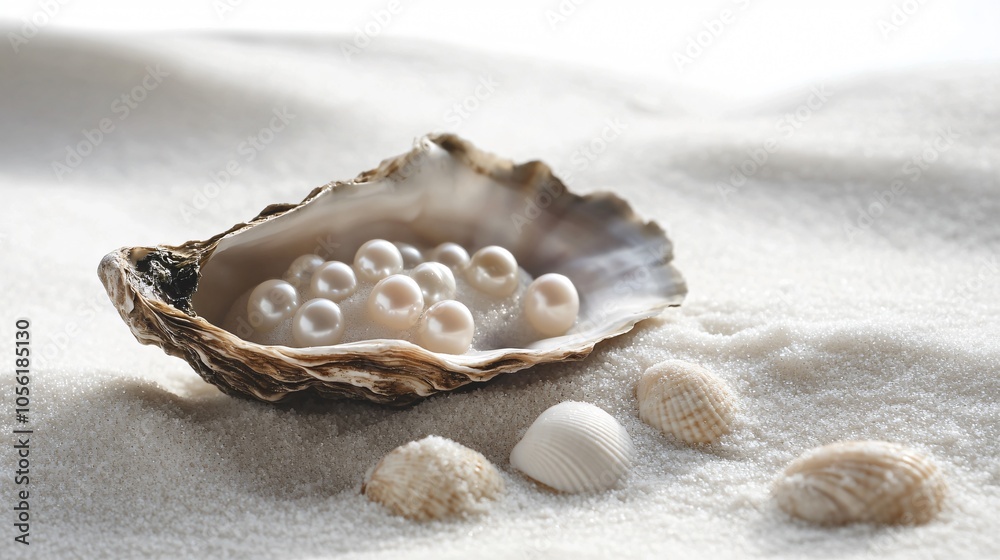 Pearls nestled inside an open oyster shell, isolated on a white sand background, with small shells and ocean mist Pearls nestled inside an open oyster shell, isolated on a white sand background, with small shells and ocean mist