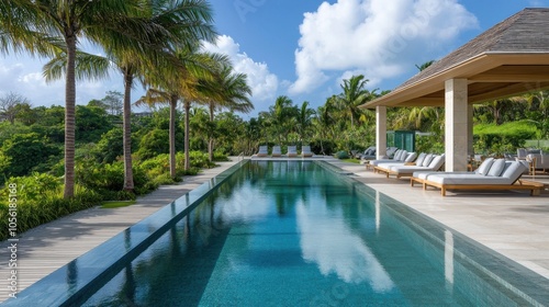 Serene Poolside Pavilion: A contemporary villa with a pavilion design focused on relaxation, featuring a large infinity pool, comfortable lounge chairs, and a shaded cabana