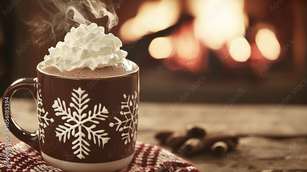 Red and white towel, cup of hot chocolate, marshmallows, fireplace background Red and white towel, cup of hot chocolate, marshmallows, fireplace background