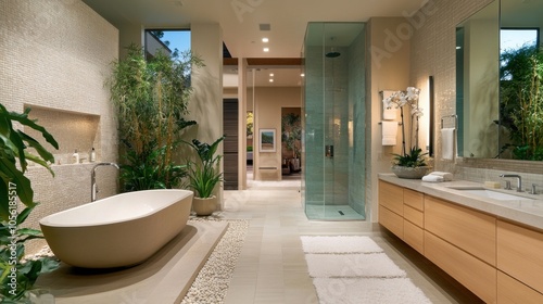 Spa-Like Bathroom: An ultra-modern bathroom with a freestanding soaking tub, dual vanities, and a rainfall shower, surrounded by elegant tiles and plants for a serene spa atmosphere