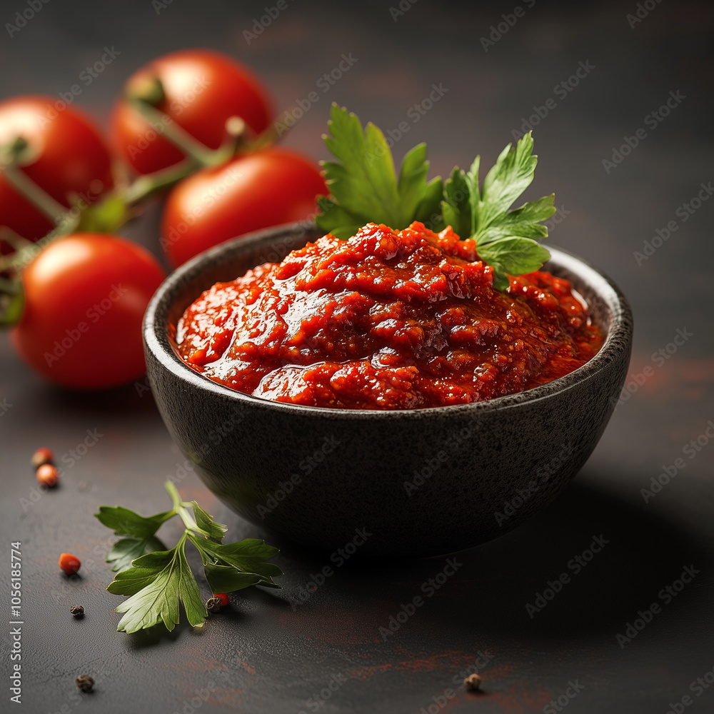 Traditional spicy harissa sauce in a glass jar on a dark background with spices and chili peppers. Maghreb cuisine Traditional spicy harissa sauce in a glass jar on a dark background with spices and chili peppers. Maghreb cuisine