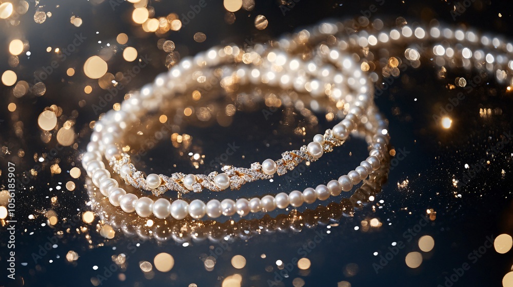 Two intertwined pearl necklaces, isolated on a mirror-like background, with scattered diamonds and gold dust