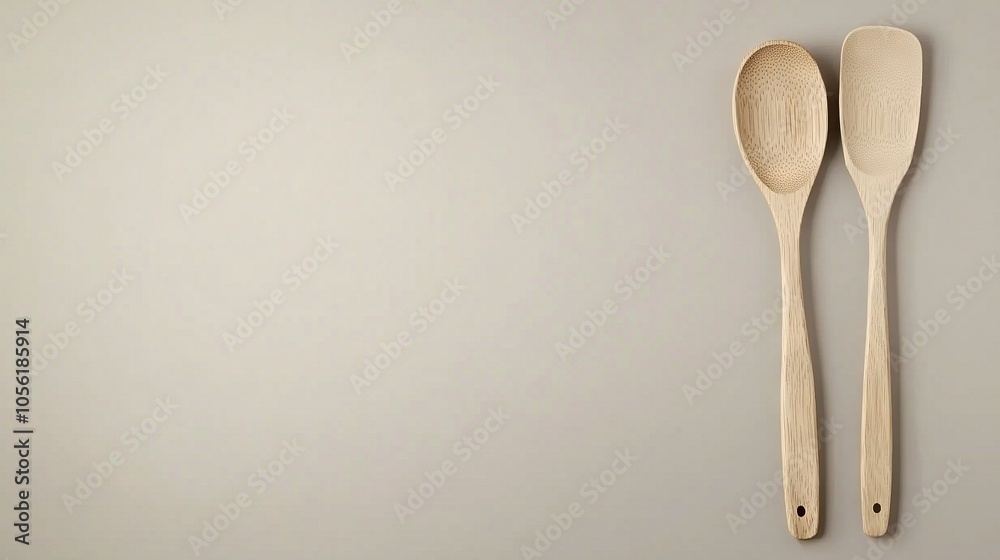 A pair of wooden spoons rests beside each other on a white-covered table, near a white wall A pair of wooden spoons rests beside each other on a white-covered table, near a white wall