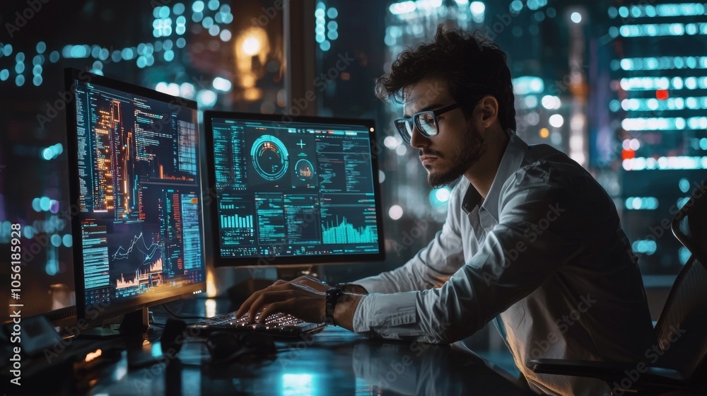 Man working late at night on multiple monitors with data charts