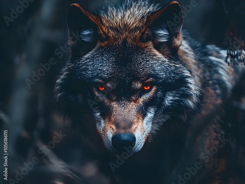 A wolf with piercing red eyes stares intensely at the camera, its fur blending into the dark background. photo