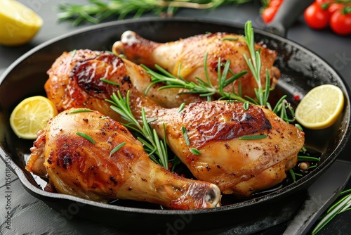 Chicken legs roasted on skillet photo