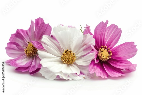 Close up photo of white and fuchsia cosmos flowers on white backdrop with deep focus photo