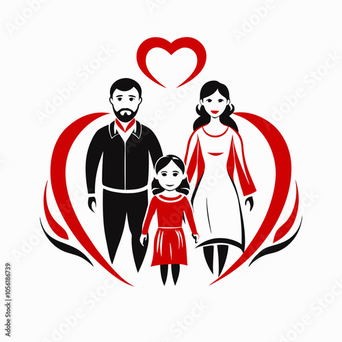 Stylized family illustration featuring a father, mother, and child with heart elements 