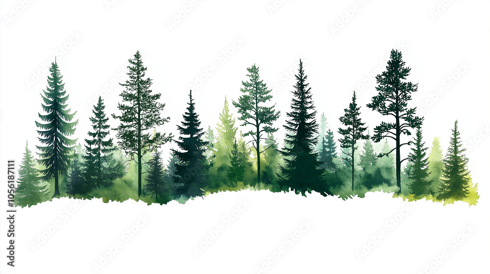 Watercolor painted pine trees isolated on white background, conifer and evergreen tree line.. - a painting of mature pines and assorted trees Watercolor painted pine trees isolated on white background, conifer and evergreen tree line.. - a painting of mature pines and assorted trees