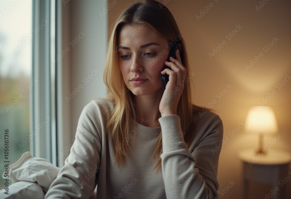 woman turns alarm cell phone morning quietly woman turns alarm cell phone morning quietly