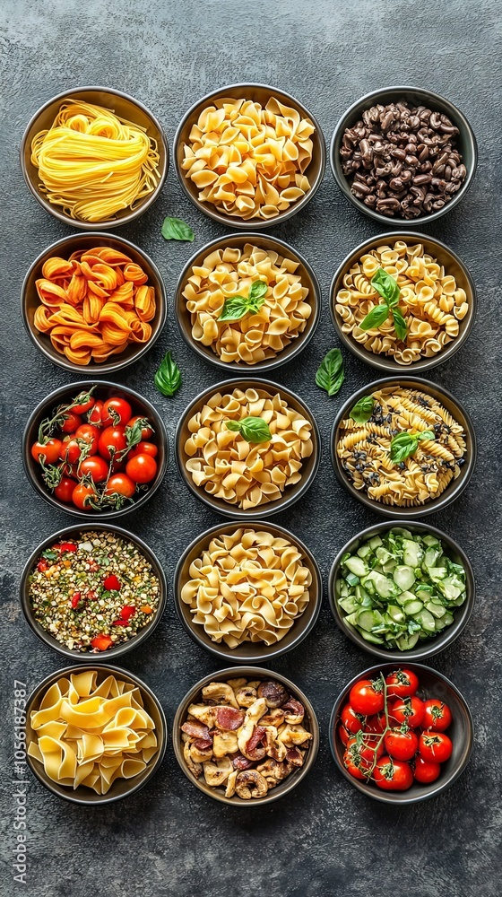 Assortment of Pasta Shapes with Cherry Tomatoes and Basil Assortment of Pasta Shapes with Cherry Tomatoes and Basil