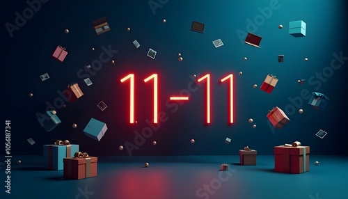 Red neon 11-11 sign with falling gift boxes on blue background