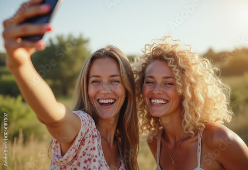 women take selfies beautiful outdoor settings big smiles joyful laughter faces