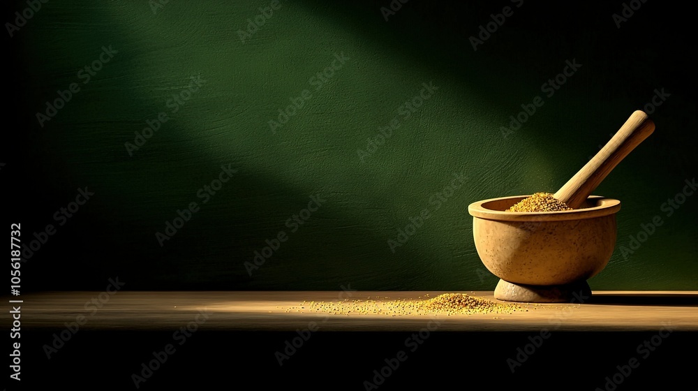 A wooden mortar bowl with a mortar and pestle and wooden spoon rests on a table The green wall serves as a backdrop A wooden mortar bowl with a mortar and pestle and wooden spoon rests on a table The green wall serves as a backdrop