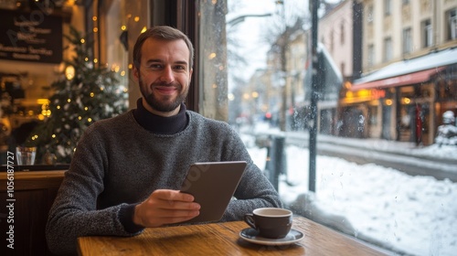 A man sits at a wooden table in a cozy cafe, smiling while using a tablet. Outside, snow covers the ground, and the view shows a quiet street lined with shops and sparkling lights.
