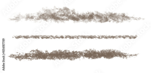 Collection, set of different dust tracks. Path, smog, isolated smoke, horizontal arrangement, top view. Convenient for animation and copying in length. Smoke from a bullet. Smoke from an airplane.
