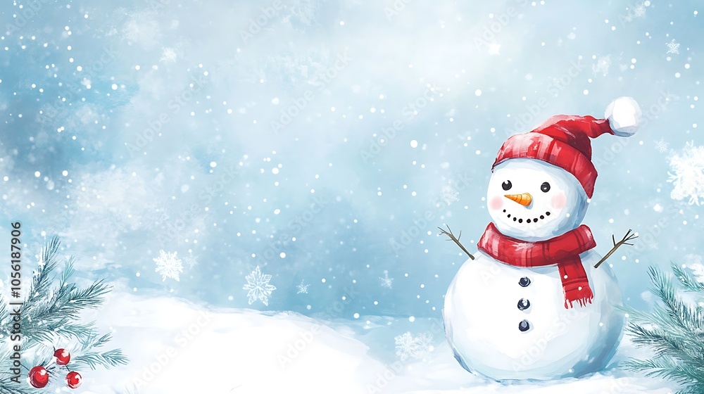 A snowman in a red hat and scarf in a snowy scene with snowflakes. A snowman in a red hat and scarf in a snowy scene with snowflakes.