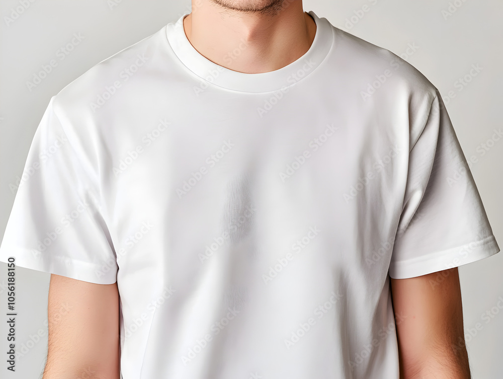 Close-up of a man wearing a plain white t-shirt, perfect for showcasing your design or logo. Close-up of a man wearing a plain white t-shirt, perfect for showcasing your design or logo.