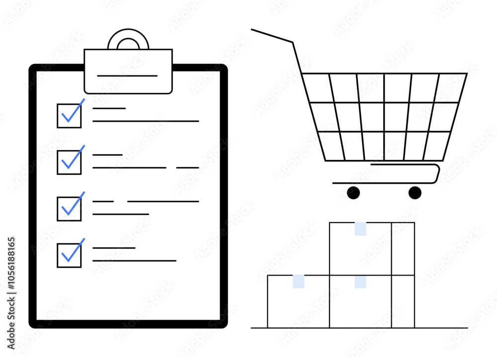 A clipboard with a checklist, a shopping cart, and stacked boxes. Ideal for retail, inventory management, shopping, to-do lists, and organization themes. Clean and minimalist vector style