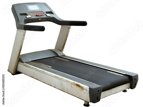 A worn-out treadmill with a white frame and a gray running surface. The machine shows signs of wear and tear, suggesting it's seen a lot of use.