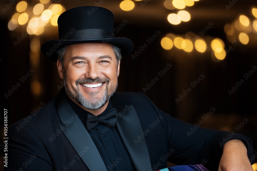 A magician entertains an audience by pulling colorful scarves from a top hat while smiling in a cozy stage setting A magician entertains an audience by pulling colorful scarves from a top hat while smiling in a cozy stage setting