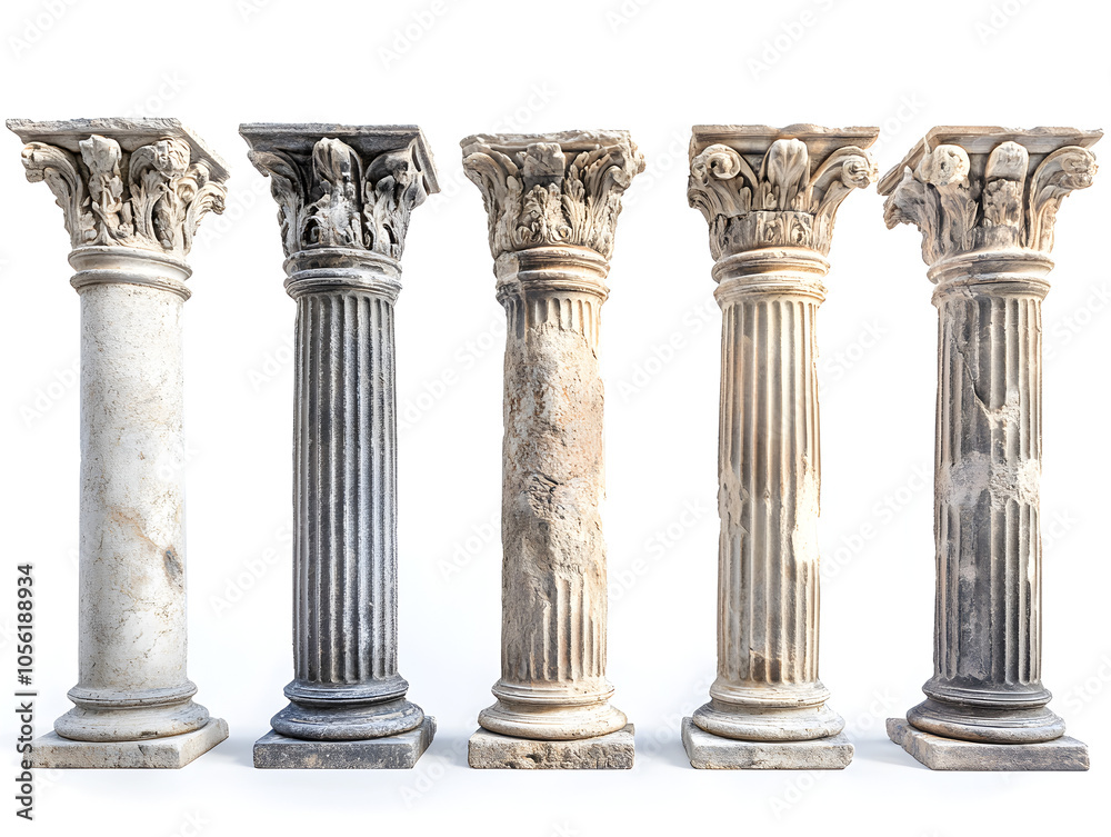 Five stone columns with ornate capitals stand in a row against a white background. Five stone columns with ornate capitals stand in a row against a white background.