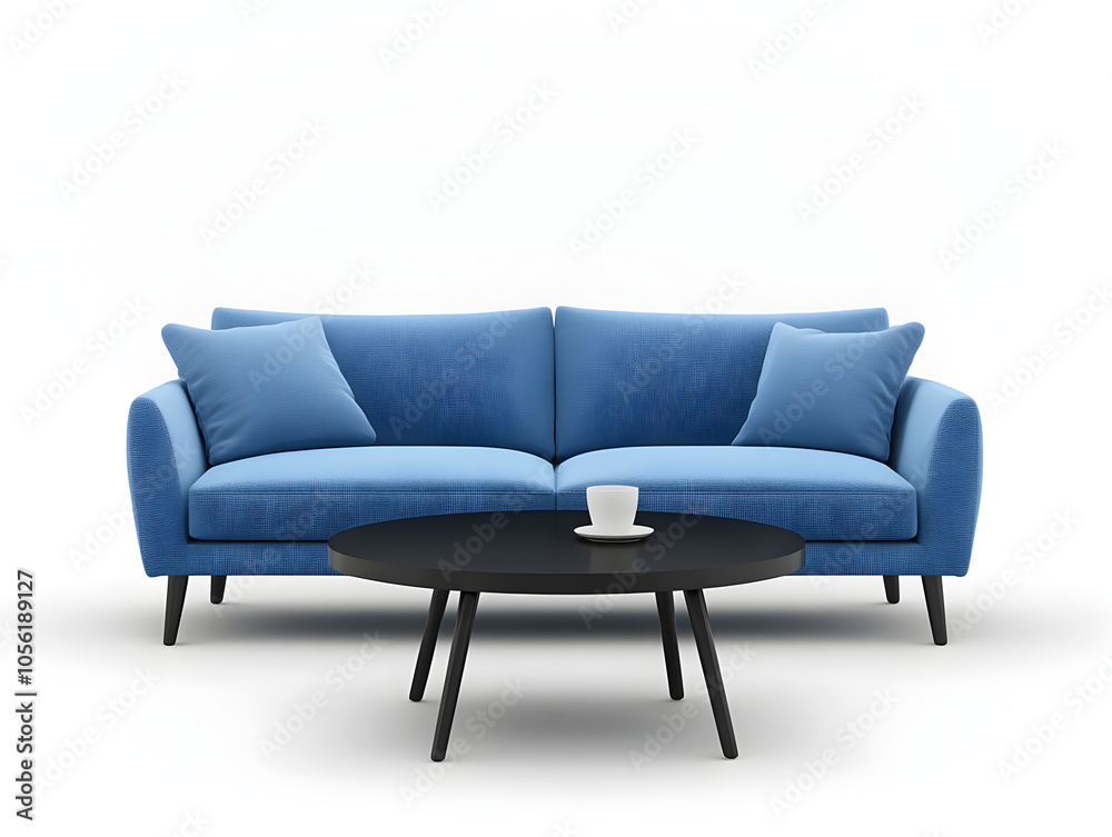 A blue sofa with two pillows and a black coffee table in front of it. There is a white cup on the table.