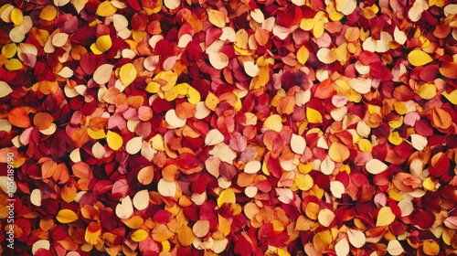 Top view of a forest floor covered with fallen autumn leaves in vibrant shades of red, orange and yellow 