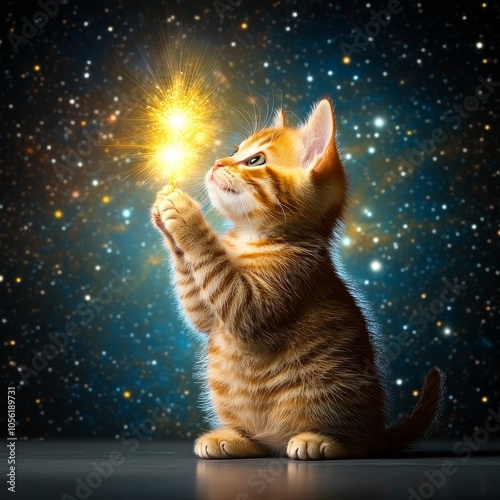 Cute Kitten Holding a Sparkler Under a Starry Night Sky